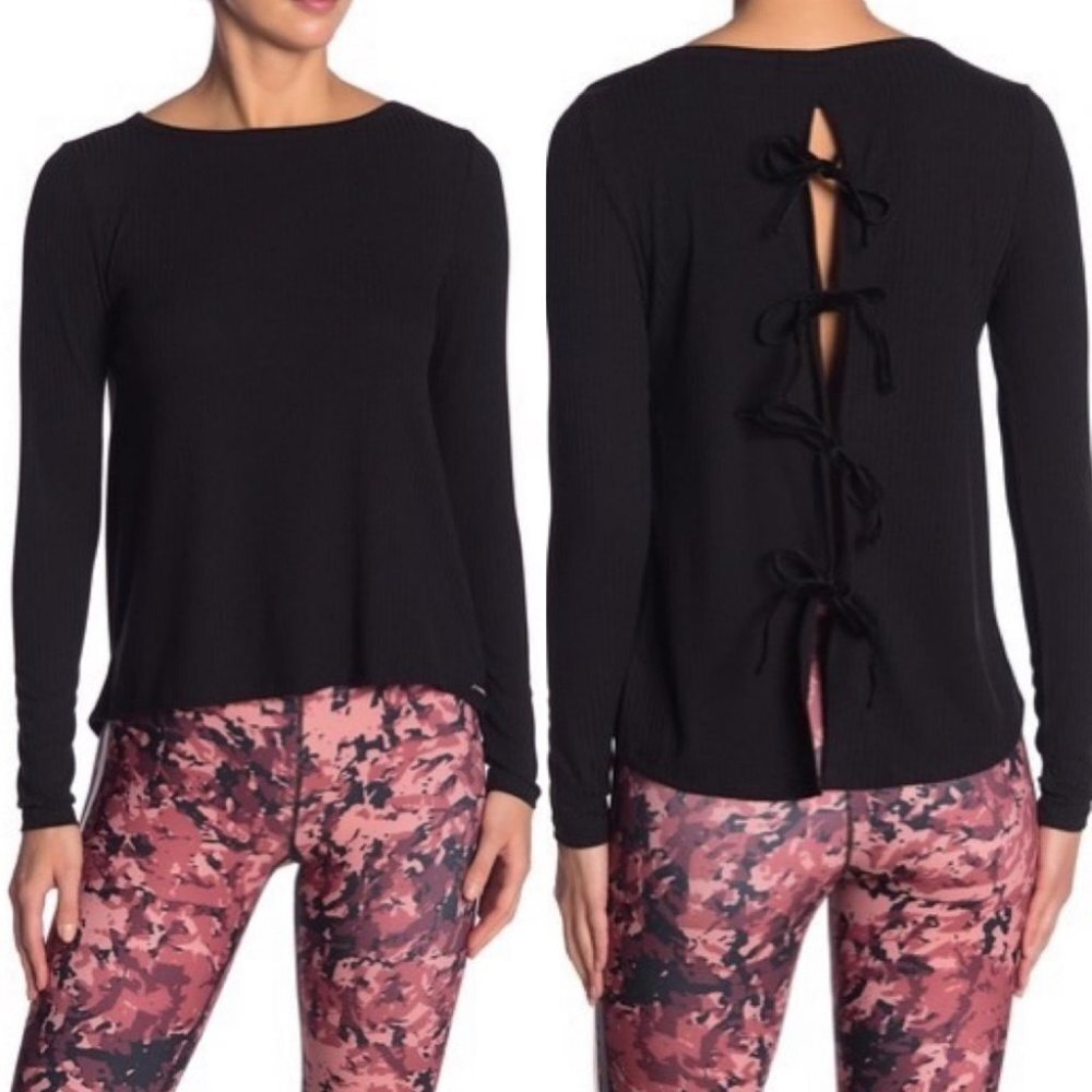 Avec Les Filles Black Tie Back Long Sleeve Ribbed Tee Womens Size Small Ribbons